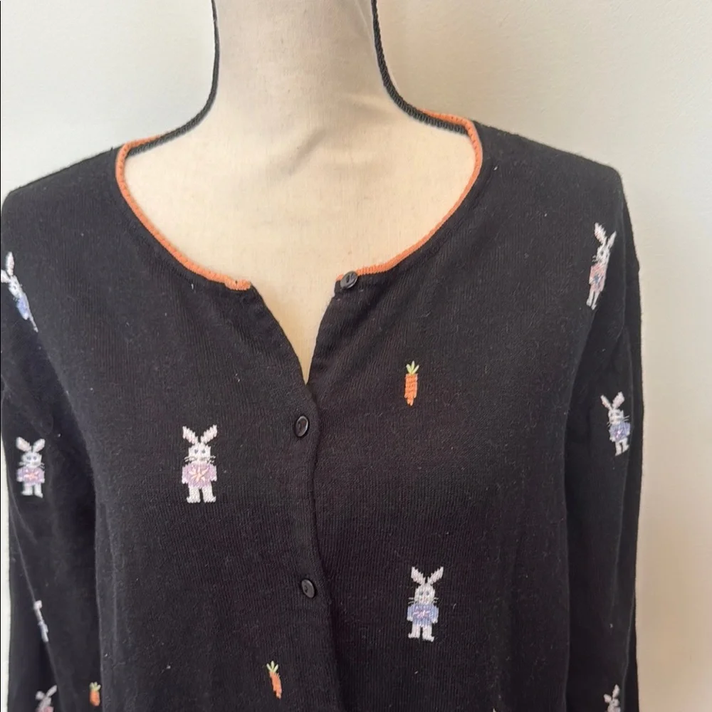 Quacker Factory Black Cardigan with Bunny Embroidery